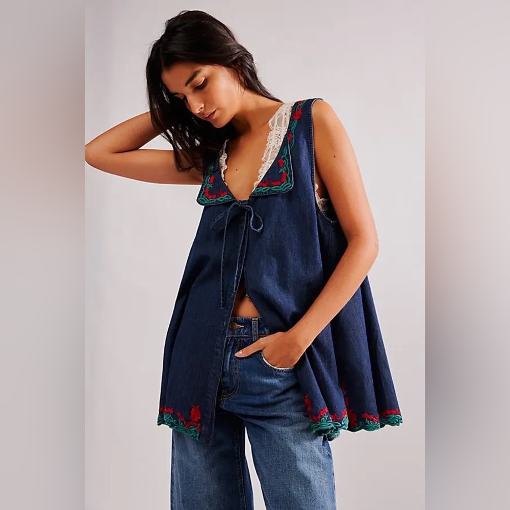 Free People Zina Embroidered Denim Tunic NWT s